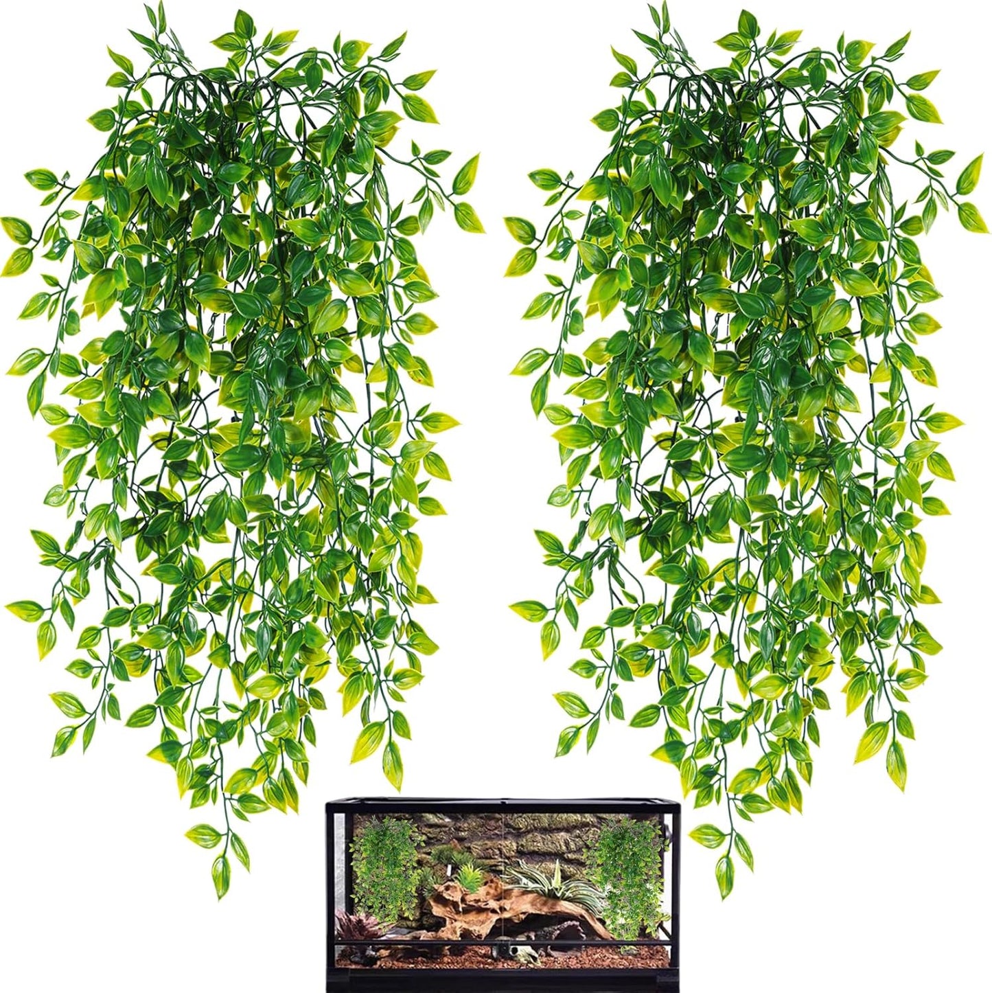 Reptile Plants, 2 Pack Terrarium Hanging Plants Vines Artificial Leaves Habitat Decorations with Suction Cup for Bearded Dragon Hermit Crab Lizard Snake Geckos Chameleon