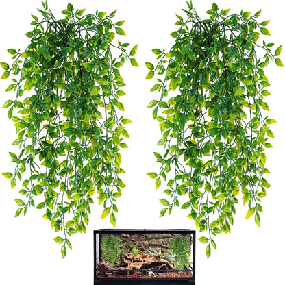 Reptile Plants, 2 Pack Terrarium Hanging Plants Vines Artificial Leaves Habitat Decorations with Suction Cup for Bearded Dragon Hermit Crab Lizard Snake Geckos Chameleon