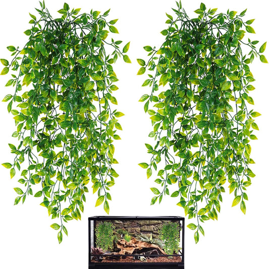 Reptile Plants, 2 Pack Terrarium Hanging Plants Vines Artificial Leaves Habitat Decorations with Suction Cup for Bearded Dragon Hermit Crab Lizard Snake Geckos Chameleon