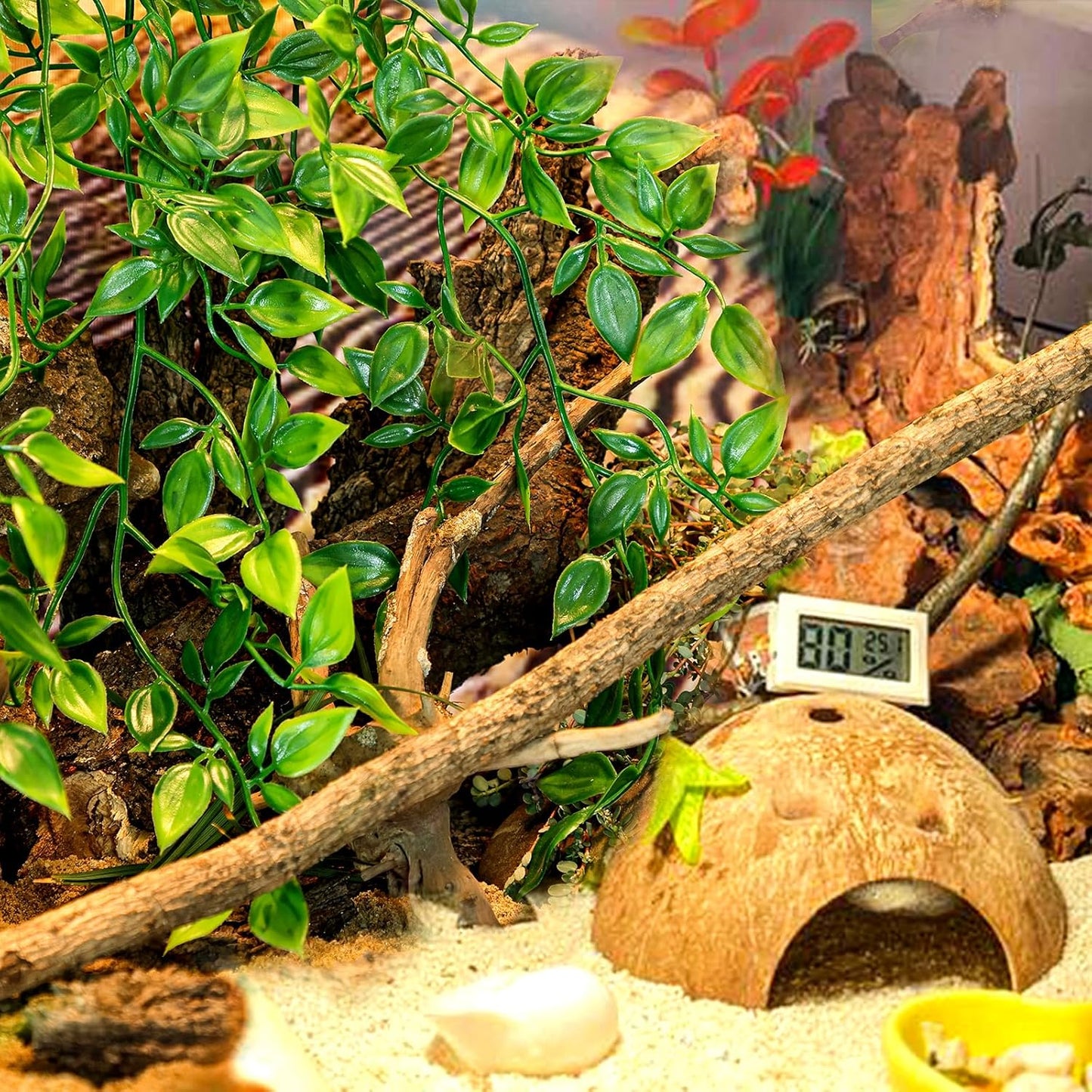 Reptile Plants, 2 Pack Terrarium Hanging Plants Vines Artificial Leaves Habitat Decorations with Suction Cup for Bearded Dragon Hermit Crab Lizard Snake Geckos Chameleon