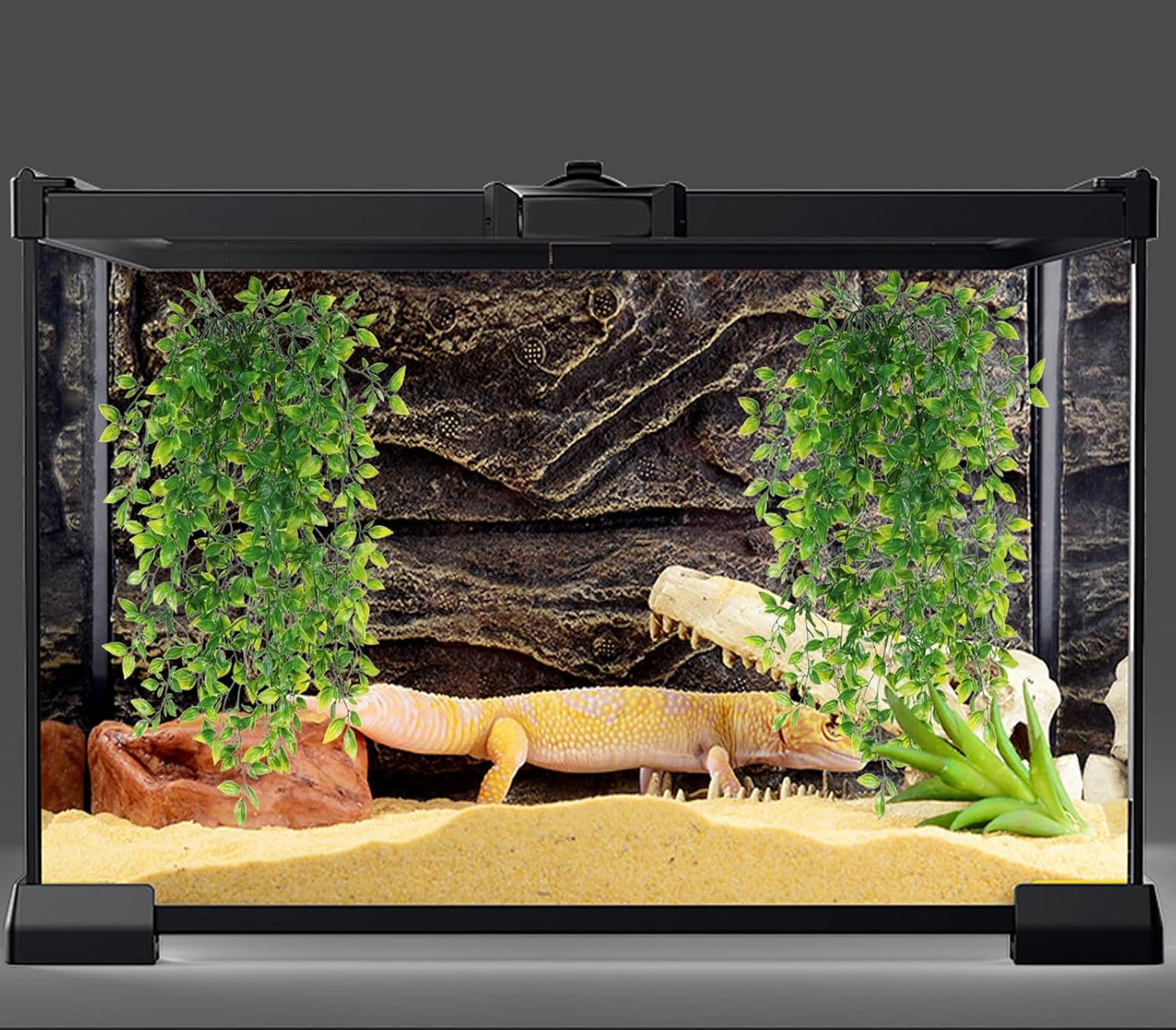 Reptile Plants, 2 Pack Terrarium Hanging Plants Vines Artificial Leaves Habitat Decorations with Suction Cup for Bearded Dragon Hermit Crab Lizard Snake Geckos Chameleon