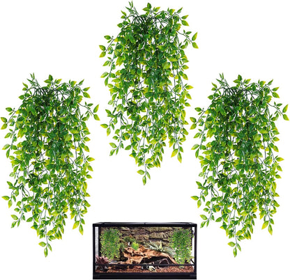 Reptile Plants, 2 Pack Terrarium Hanging Plants Vines Artificial Leaves Habitat Decorations with Suction Cup for Bearded Dragon Hermit Crab Lizard Snake Geckos Chameleon
