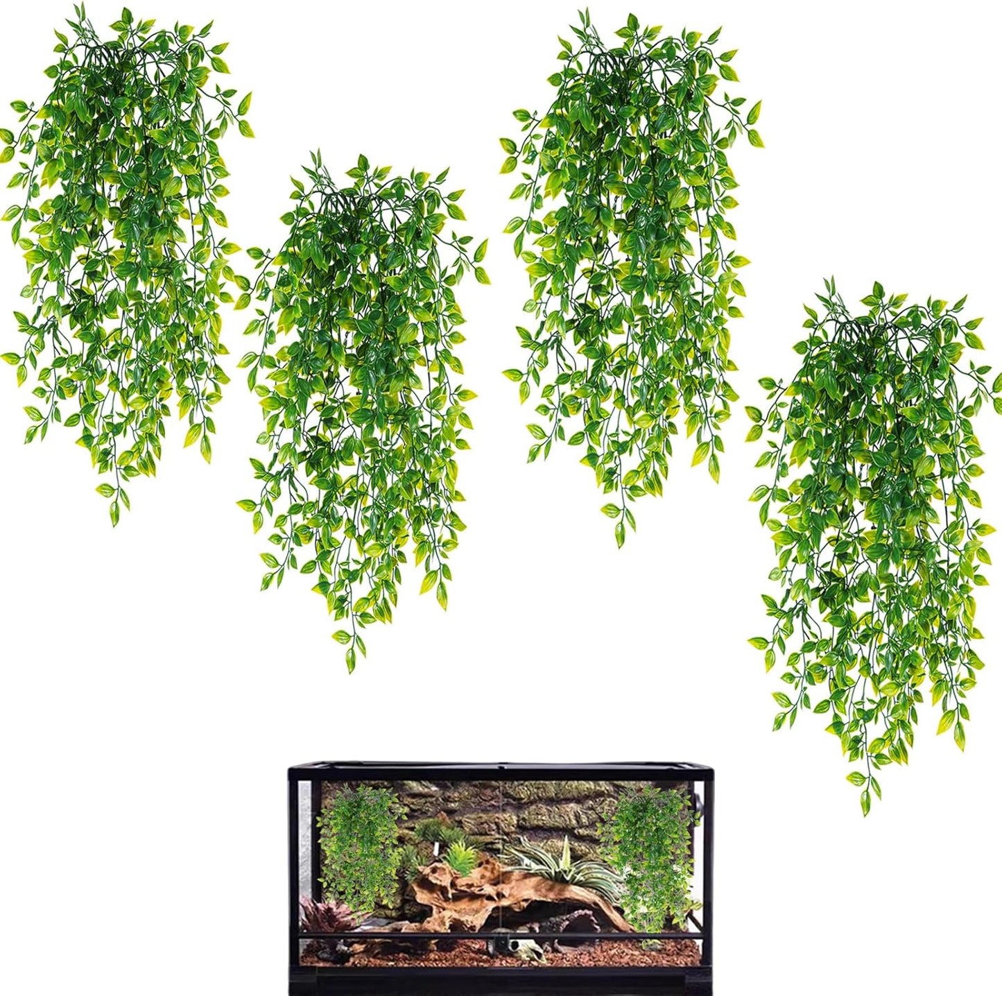 Reptile Plants, 2 Pack Terrarium Hanging Plants Vines Artificial Leaves Habitat Decorations with Suction Cup for Bearded Dragon Hermit Crab Lizard Snake Geckos Chameleon
