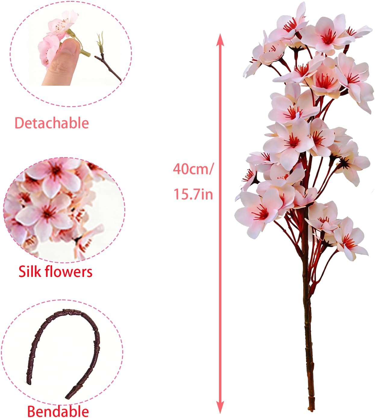 8 Pack Artificial Cherry Blossom Branches - 23.6 Inch Pink Spring Flowers Real Touch Silk Flowers with Bendable Stems for Vase, Wedding, Home Office Decor, Spring Floral, Party & Event Decor