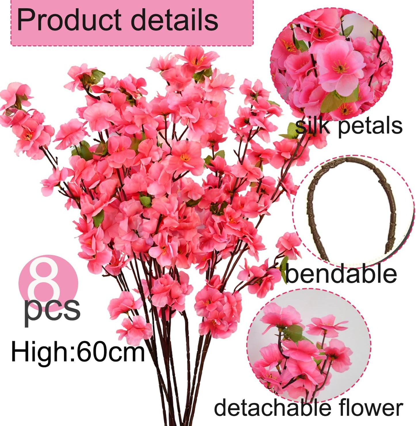 8 Pack Artificial Cherry Blossom Branches - 23.6 Inch Pink Spring Flowers Real Touch Silk Flowers with Bendable Stems for Vase, Wedding, Home Office Decor, Spring Floral, Party & Event Decor