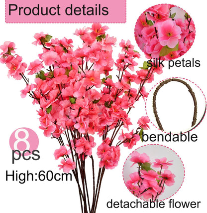 8 Pack Artificial Cherry Blossom Branches - 23.6 Inch Pink Spring Flowers Real Touch Silk Flowers with Bendable Stems for Vase, Wedding, Home Office Decor, Spring Floral, Party & Event Decor