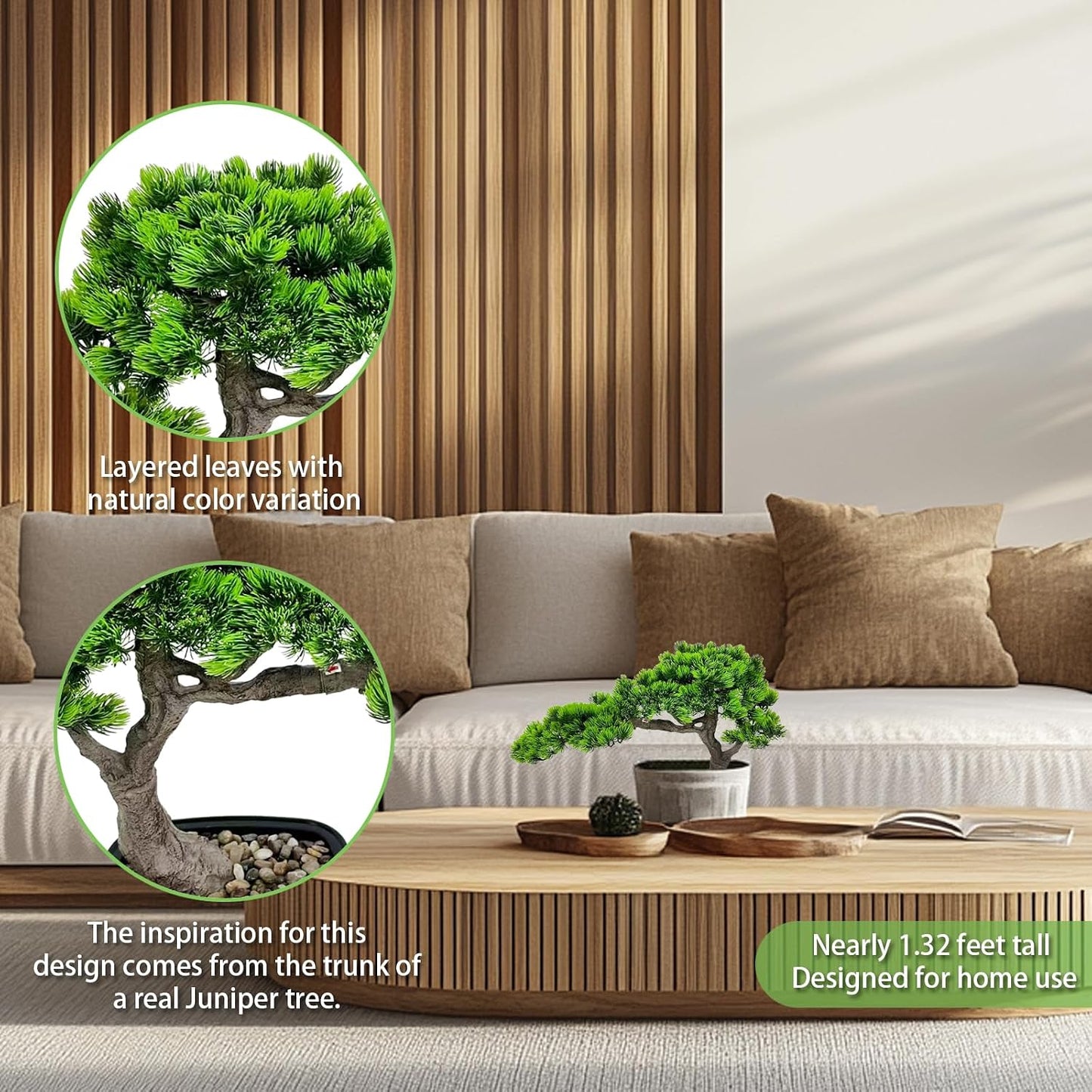 2.3ft Artificial Juniper Bonsai Tree with Black Plastic Pot | Application: Mini decorative plant perfect for desk, table, shelf, bedroom and living room layout