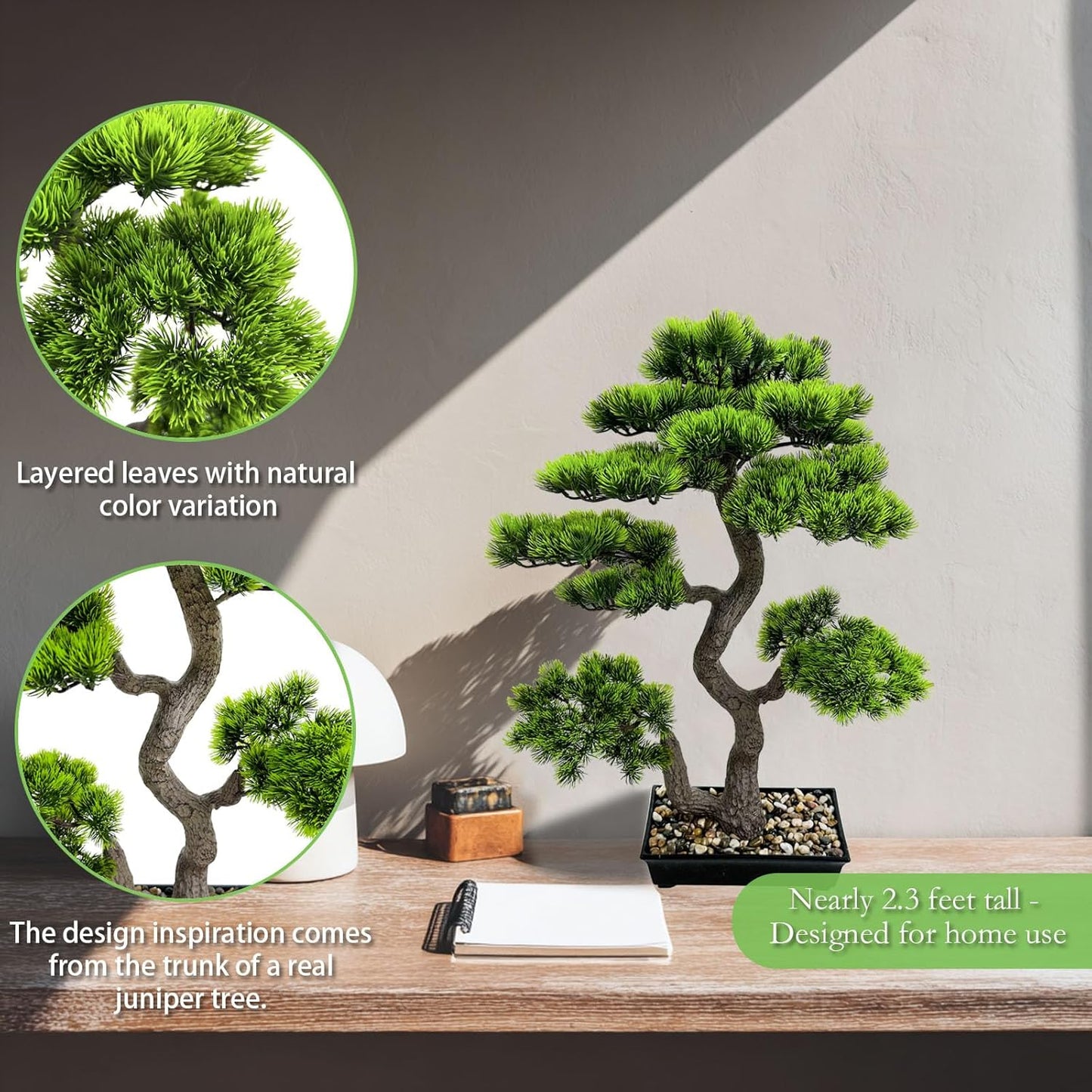 2.3ft Artificial Juniper Bonsai Tree with Black Plastic Pot | Application: Mini decorative plant perfect for desk, table, shelf, bedroom and living room layout