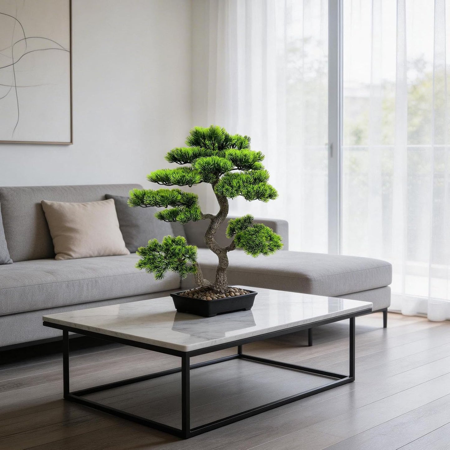 2.3ft Artificial Juniper Bonsai Tree with Black Plastic Pot | Application: Mini decorative plant perfect for desk, table, shelf, bedroom and living room layout