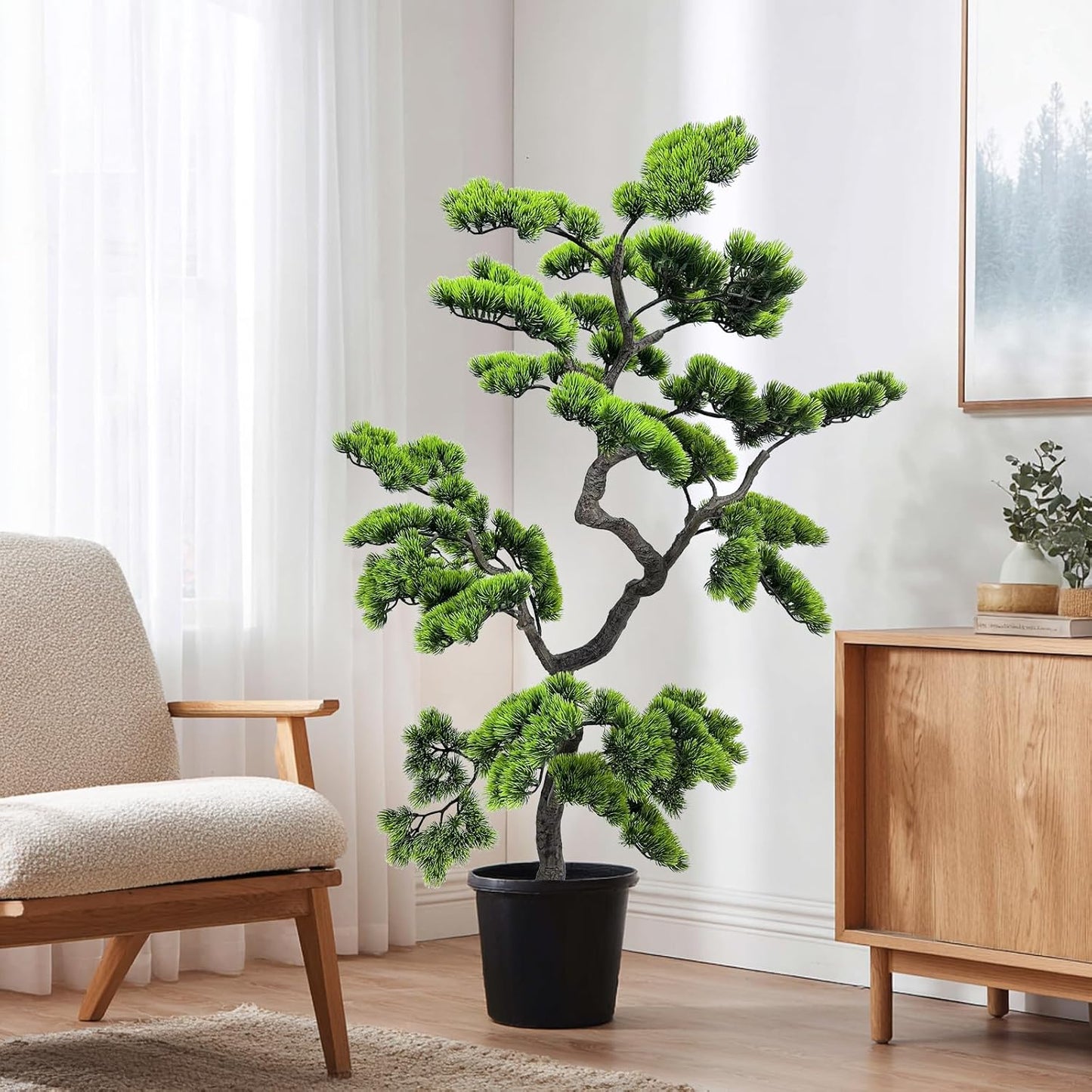 2.3ft Artificial Juniper Bonsai Tree with Black Plastic Pot | Application: Mini decorative plant perfect for desk, table, shelf, bedroom and living room layout