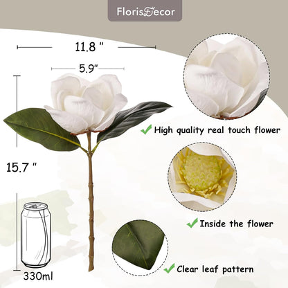 6 Stems Real Touch Creamy White Magnolia Flowers for Vases, Artificial Realistic Magnolia Large Flowers for Home Décor