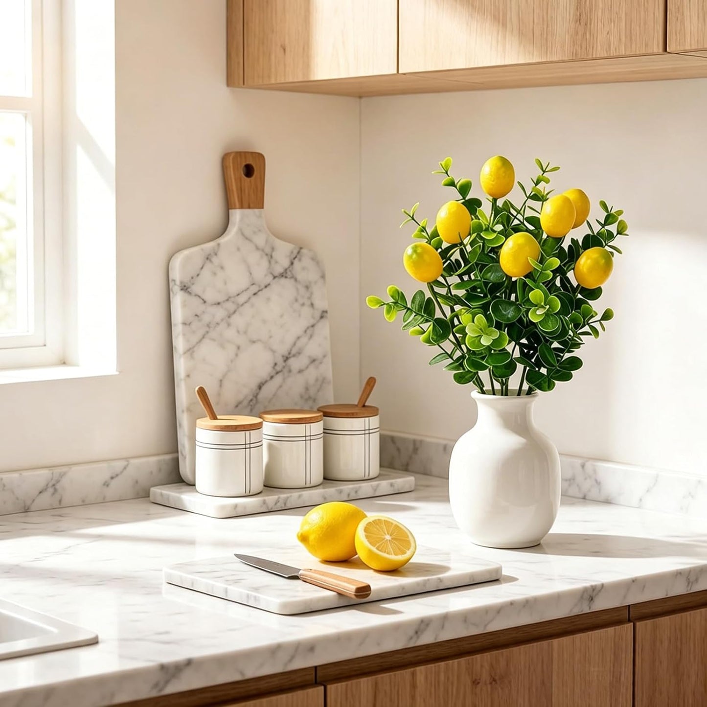 6 Pcs Artificial Lemon Branches Small Artificial Fruit Lemon Tree Greenery Decoration Faux Lemons Picks for Farmhouse Kitchen Home Table Decor Stem Fruits for Home Spring Summer Decor