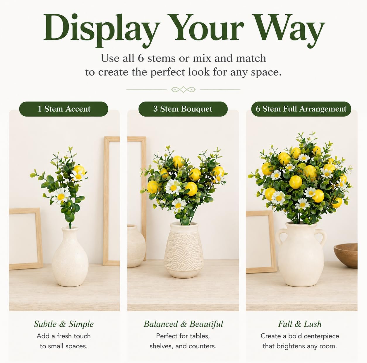 6 Pcs Artificial Lemon Branches Small Artificial Fruit Lemon Tree Greenery Decoration Faux Lemons Picks for Farmhouse Kitchen Home Table Decor Stem Fruits for Home Spring Summer Decor