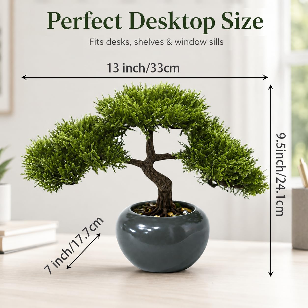 9.5 Inch Artificial Bonsai Tree with Ceramic Pot - Decorative Fake Plant for Home Office Living Room Window Sill, Fake Plants for Year-Round Decoration（Gray）