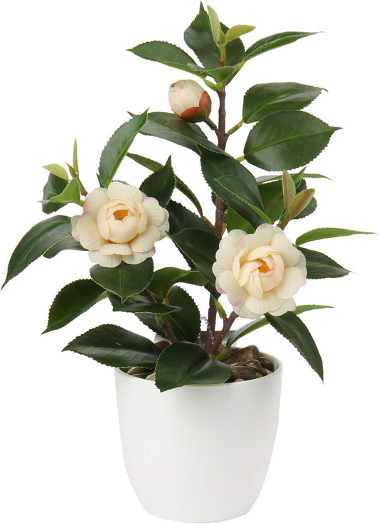 Artificial Plants Mini Camellia Potted Fake Plants Small Faux Plastic Plants Desk Plant Artificial Flowers with Vase for Home Office Desk Kitchen Garden Indoor Decor