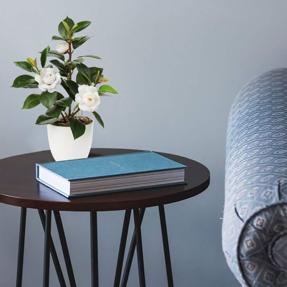Artificial Plants Mini Camellia Potted Fake Plants Small Faux Plastic Plants Desk Plant Artificial Flowers with Vase for Home Office Desk Kitchen Garden Indoor Decor