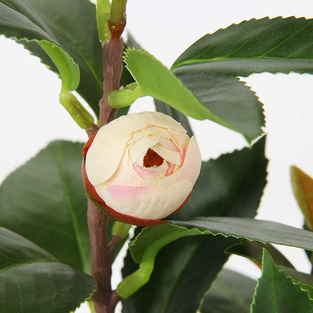 Artificial Plants Mini Camellia Potted Fake Plants Small Faux Plastic Plants Desk Plant Artificial Flowers with Vase for Home Office Desk Kitchen Garden Indoor Decor