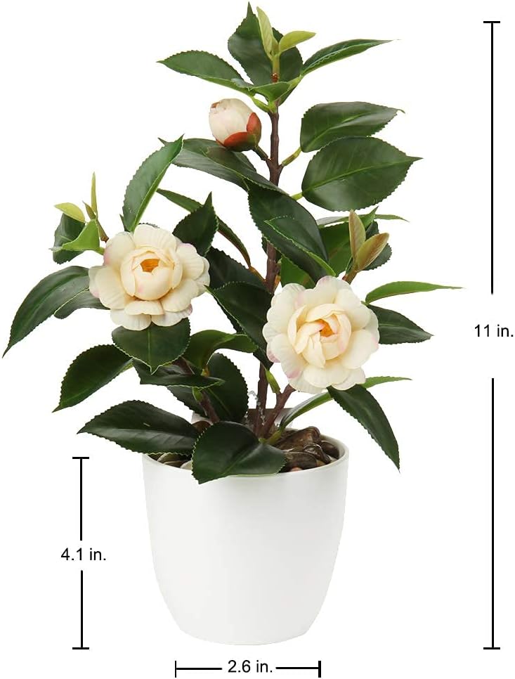 Artificial Plants Mini Camellia Potted Fake Plants Small Faux Plastic Plants Desk Plant Artificial Flowers with Vase for Home Office Desk Kitchen Garden Indoor Decor