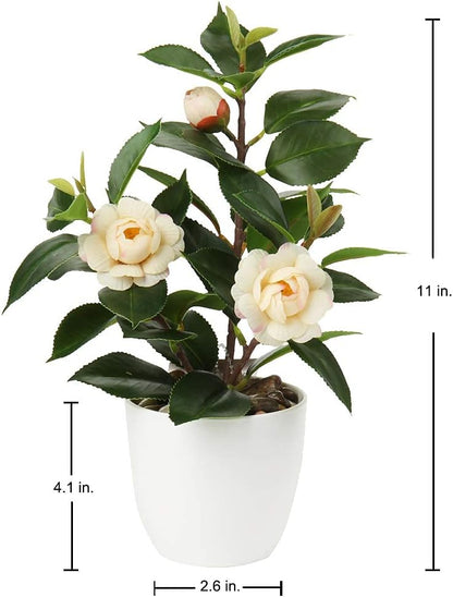 Artificial Plants Mini Camellia Potted Fake Plants Small Faux Plastic Plants Desk Plant Artificial Flowers with Vase for Home Office Desk Kitchen Garden Indoor Decor