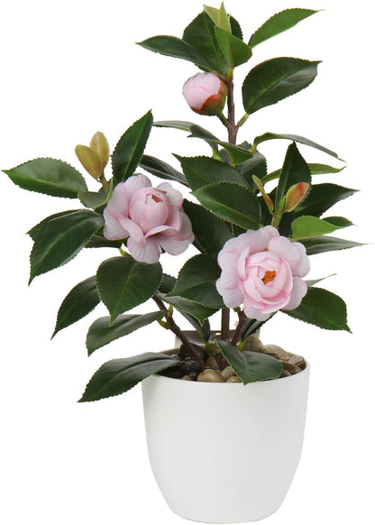 Artificial Plants Mini Camellia Potted Fake Plants Small Faux Plastic Plants Desk Plant Artificial Flowers with Vase for Home Office Desk Kitchen Garden Indoor Decor