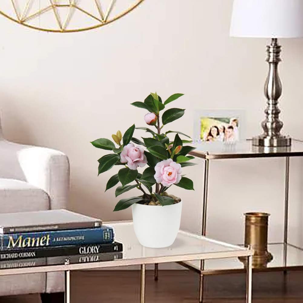 Artificial Plants Mini Camellia Potted Fake Plants Small Faux Plastic Plants Desk Plant Artificial Flowers with Vase for Home Office Desk Kitchen Garden Indoor Decor