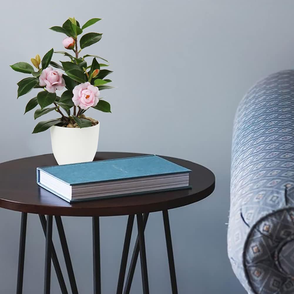 Artificial Plants Mini Camellia Potted Fake Plants Small Faux Plastic Plants Desk Plant Artificial Flowers with Vase for Home Office Desk Kitchen Garden Indoor Decor
