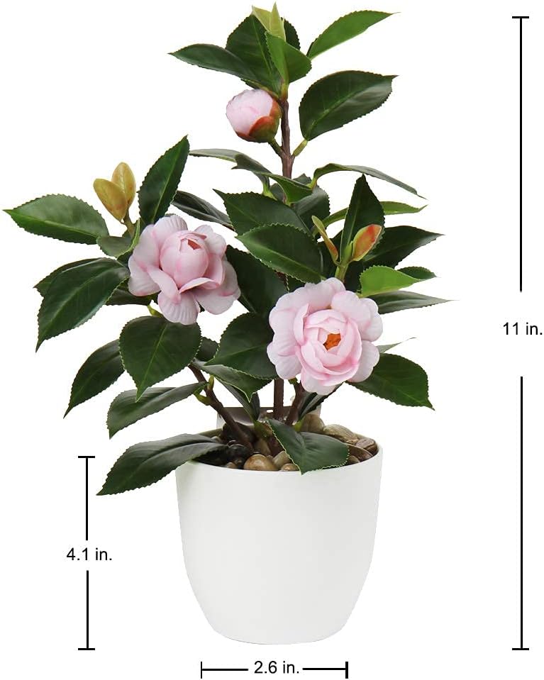Artificial Plants Mini Camellia Potted Fake Plants Small Faux Plastic Plants Desk Plant Artificial Flowers with Vase for Home Office Desk Kitchen Garden Indoor Decor