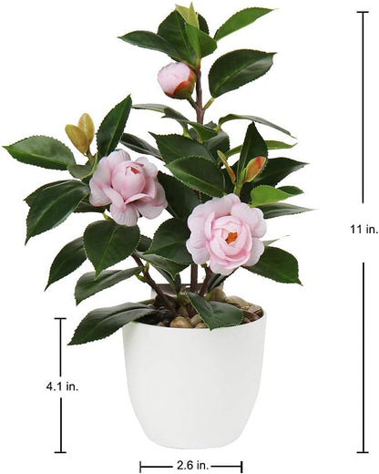 Artificial Plants Mini Camellia Potted Fake Plants Small Faux Plastic Plants Desk Plant Artificial Flowers with Vase for Home Office Desk Kitchen Garden Indoor Decor