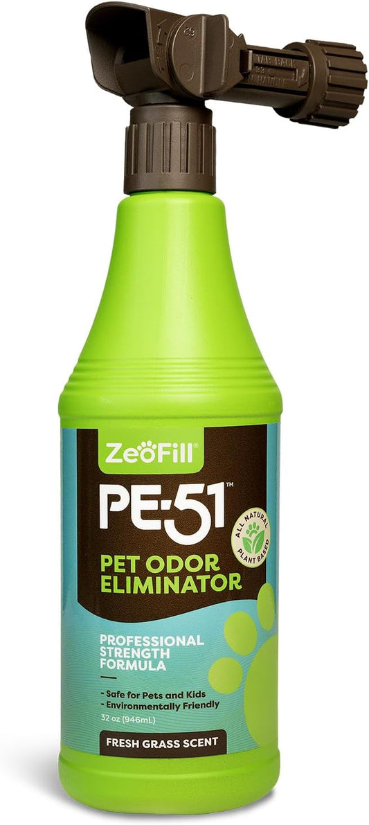 PE-51 Pet Odor Eliminator – Urine Odor Neutralizer with Max Flow Garden Hose Spray Nozzle | Pet, Turf & Yard Smell Remover | Cat & Dog Pee Deodorizer Spray | All Natural Enzymes | 32oz Bottle