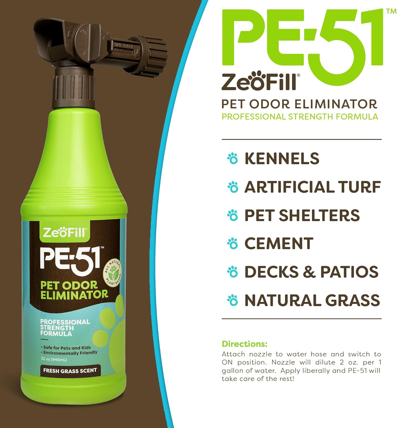 PE-51 Pet Odor Eliminator – Urine Odor Neutralizer with Max Flow Garden Hose Spray Nozzle | Pet, Turf & Yard Smell Remover | Cat & Dog Pee Deodorizer Spray | All Natural Enzymes | 32oz Bottle