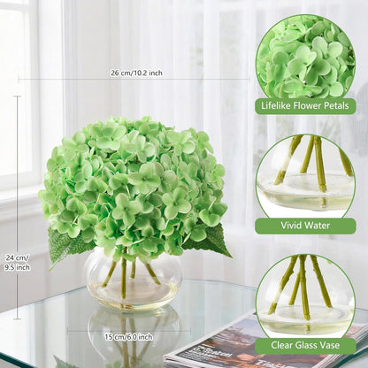 Artificial Hydrangea Flowers Arrangements in Glass Vase for Home Decoration, Faux Hydrangea Flowers for Floral Arrangements with Faux Water Wedding Bouquets Kitchen Table Centerpiece Decor