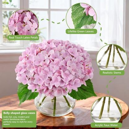 Artificial Hydrangea Flowers Arrangements in Glass Vase for Home Decoration, Faux Hydrangea Flowers for Floral Arrangements with Faux Water Wedding Bouquets Kitchen Table Centerpiece Decor