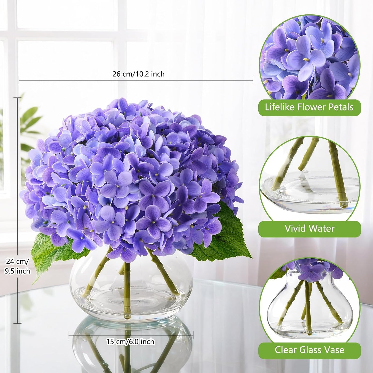 Artificial Hydrangea Flowers Arrangements in Glass Vase for Home Decoration, Faux Hydrangea Flowers for Floral Arrangements with Faux Water Wedding Bouquets Kitchen Table Centerpiece Decor