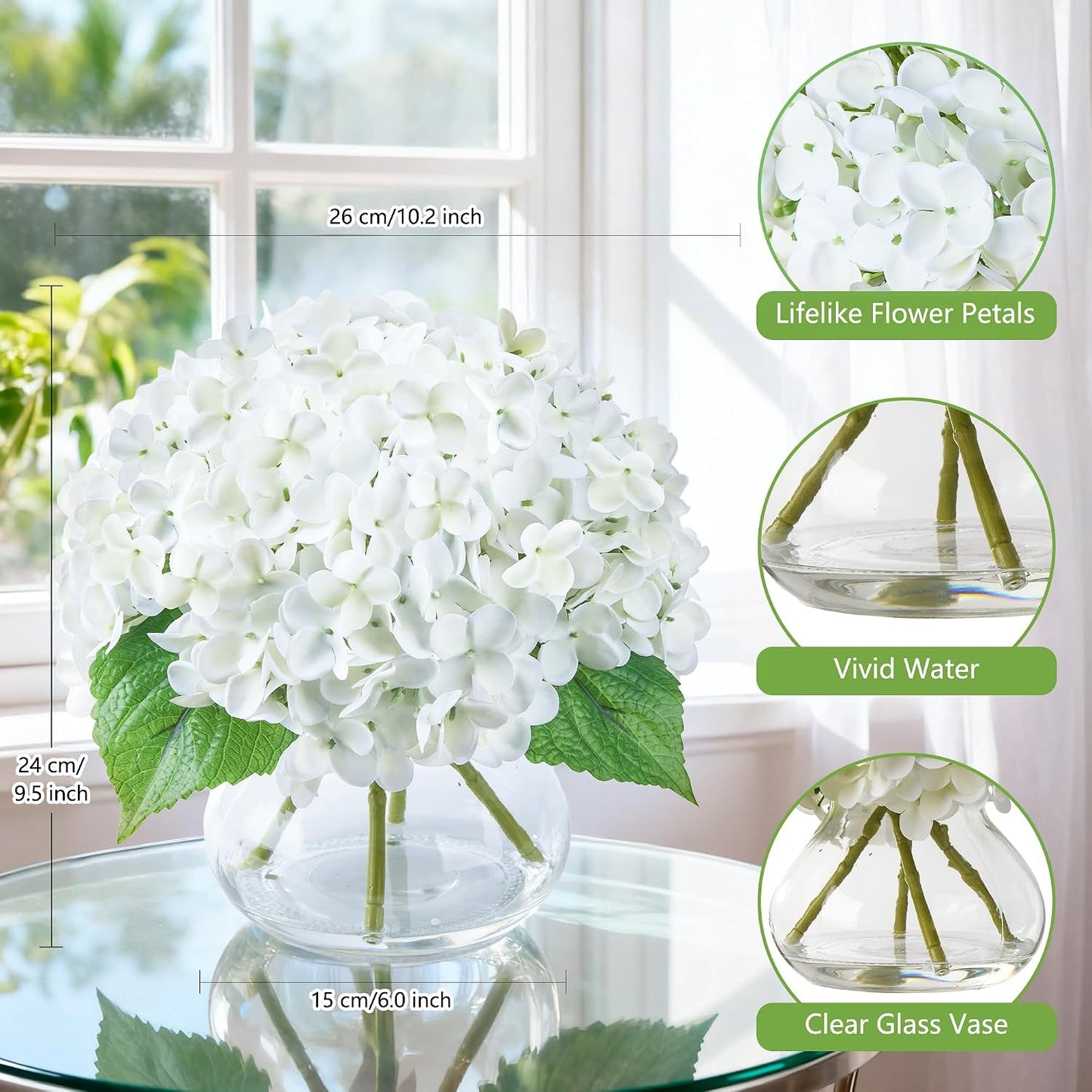 Artificial Hydrangea Flowers Arrangements in Glass Vase for Home Decoration, Faux Hydrangea Flowers for Floral Arrangements with Faux Water Wedding Bouquets Kitchen Table Centerpiece Decor