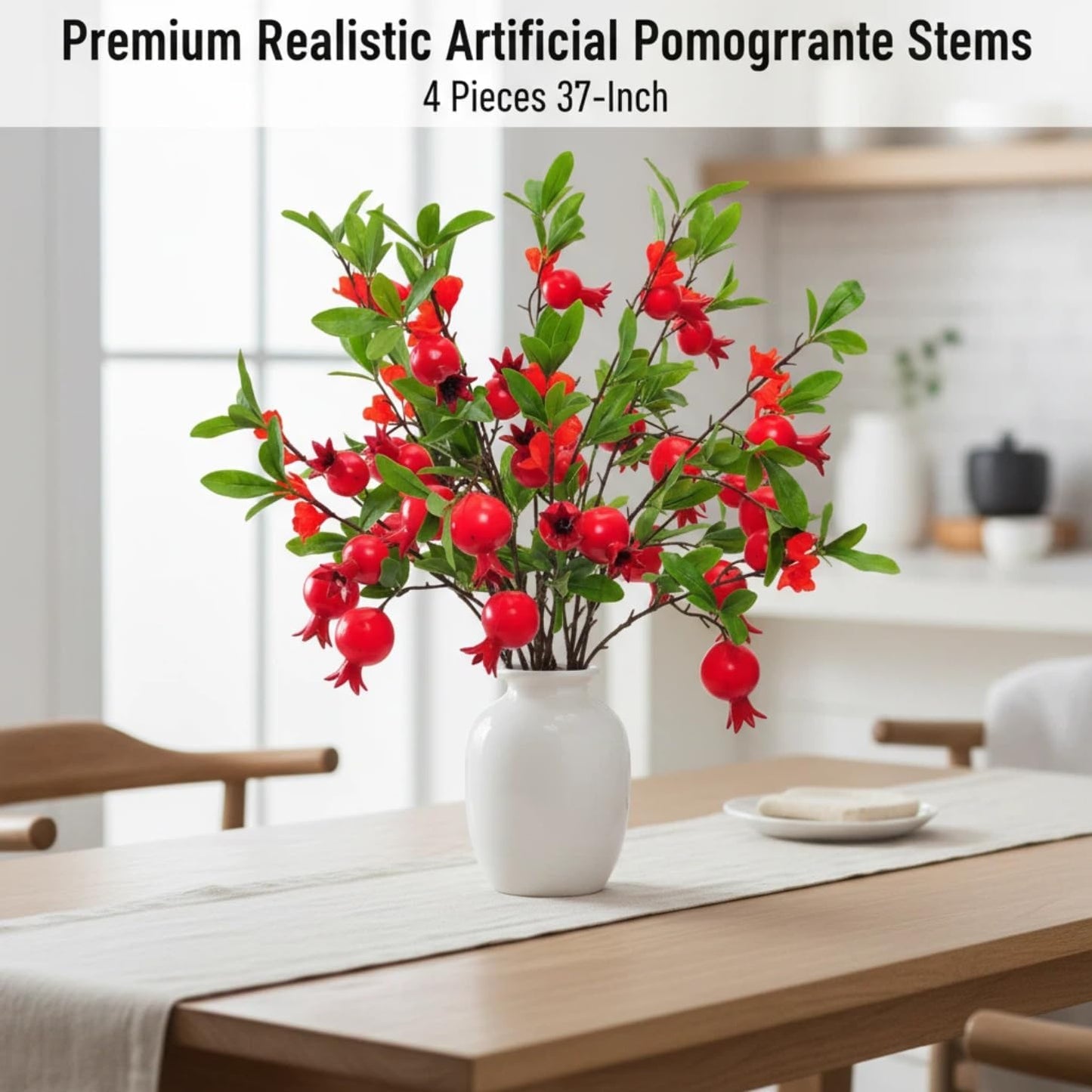Artificial Pomegranate Tree Branches, 37 Inches, 3-Piece Set | Artificial Autumn Tree Branches, Silk Leaves, Christmas Decoration, Thanksgiving Central Decoration, Wedding Decoration