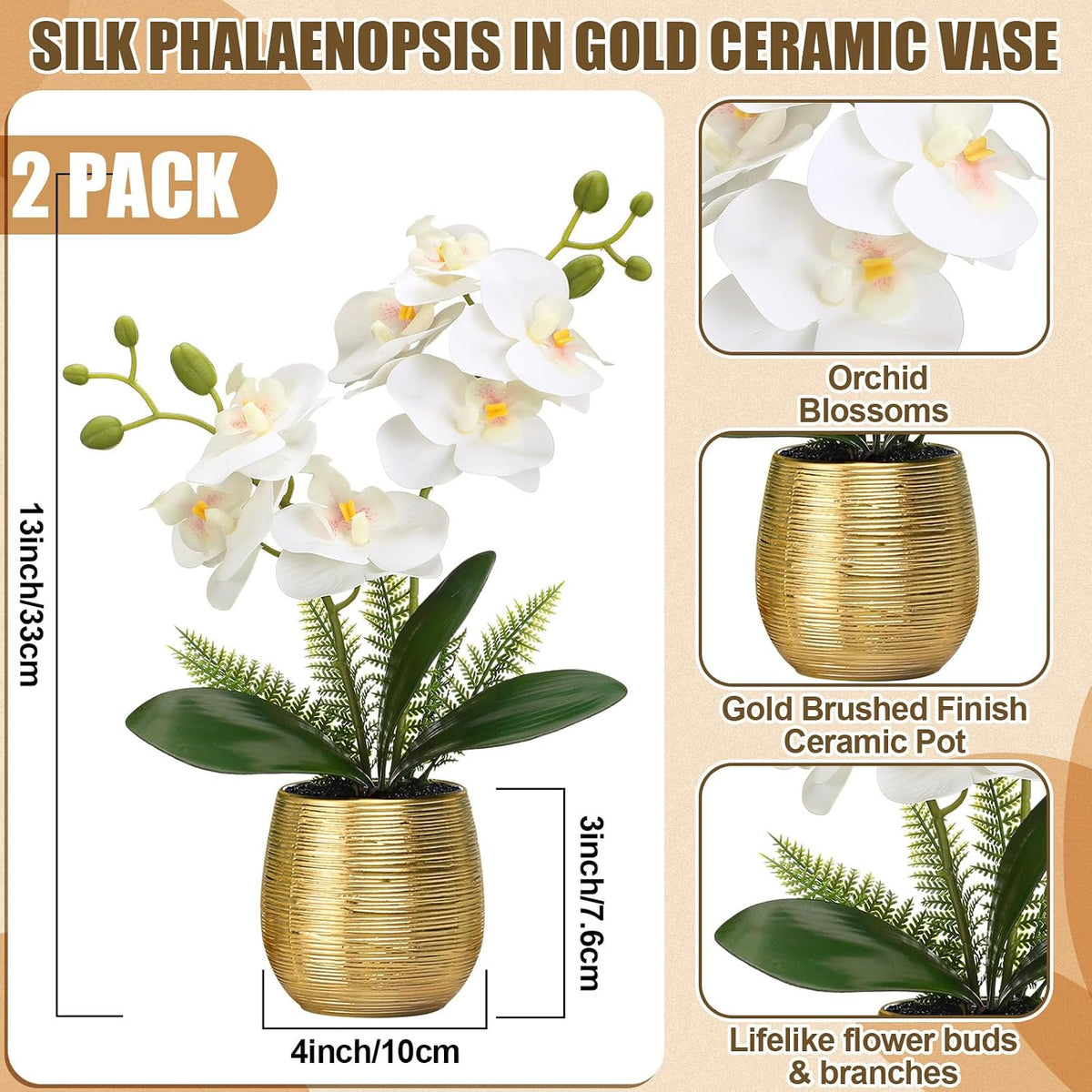 2 Pcs Orchids Artificial Flowers in Gold Ceramic Vase 13'' White Fake Flowers Phalaenopsis Faux Orchid for Home Office Wedding Party Dining Room Table Centerpiece Decoration