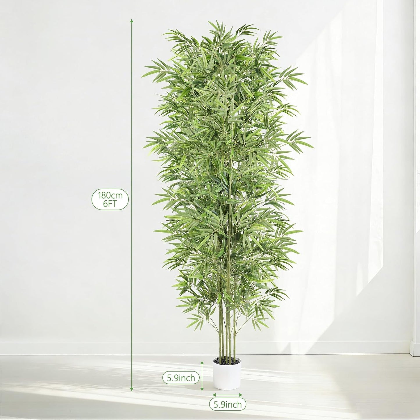 Artificial Bamboo Tree 6FT Tall, Fake Bamboo Plant with White Planter, Easy Assembly Realistic Faux Silk Tree with 5 Trunks, Lifelike Greenery for Home Office Living Room Corner Indoor Decor
