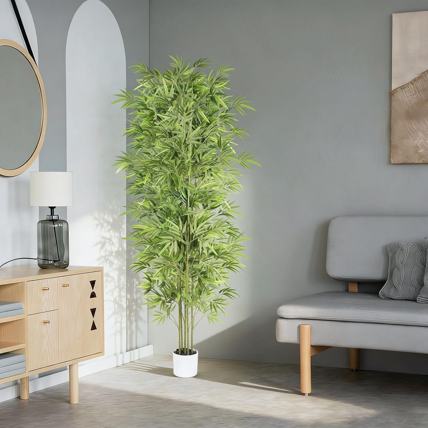 Artificial Bamboo Tree 6FT Tall, Fake Bamboo Plant with White Planter, Easy Assembly Realistic Faux Silk Tree with 5 Trunks, Lifelike Greenery for Home Office Living Room Corner Indoor Decor