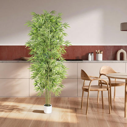 Artificial Bamboo Tree 6FT Tall, Fake Bamboo Plant with White Planter, Easy Assembly Realistic Faux Silk Tree with 5 Trunks, Lifelike Greenery for Home Office Living Room Corner Indoor Decor