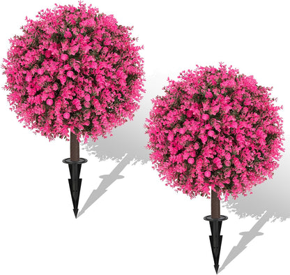 24" Artificial Boxwood Topiary Bushes UV Resistant for Outdoor 2PCS | Artificial Shrubs with Ground Spike, Orange Faux Outdoor Plants for Indoor & Outdoor Garden, Yard, Porch, Patio