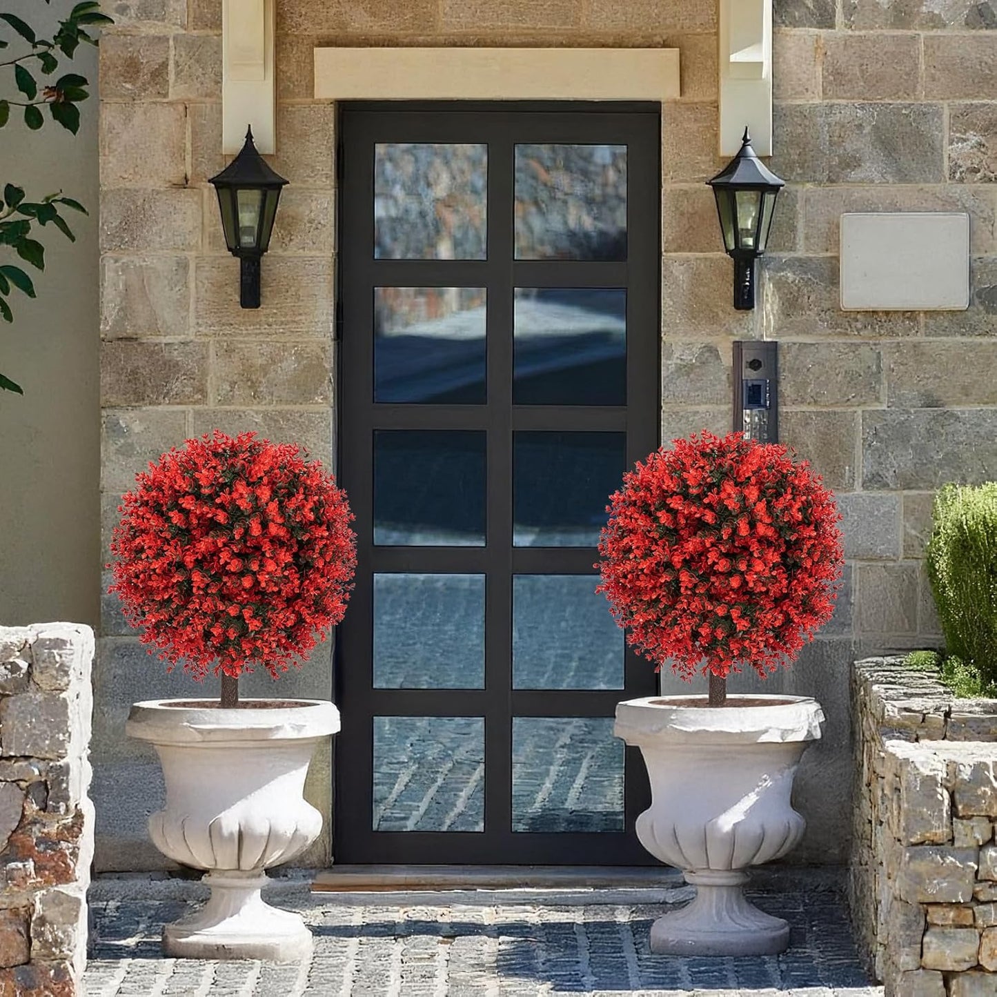 24" Artificial Boxwood Topiary Bushes UV Resistant for Outdoor 2PCS | Artificial Shrubs with Ground Spike, Orange Faux Outdoor Plants for Indoor & Outdoor Garden, Yard, Porch, Patio
