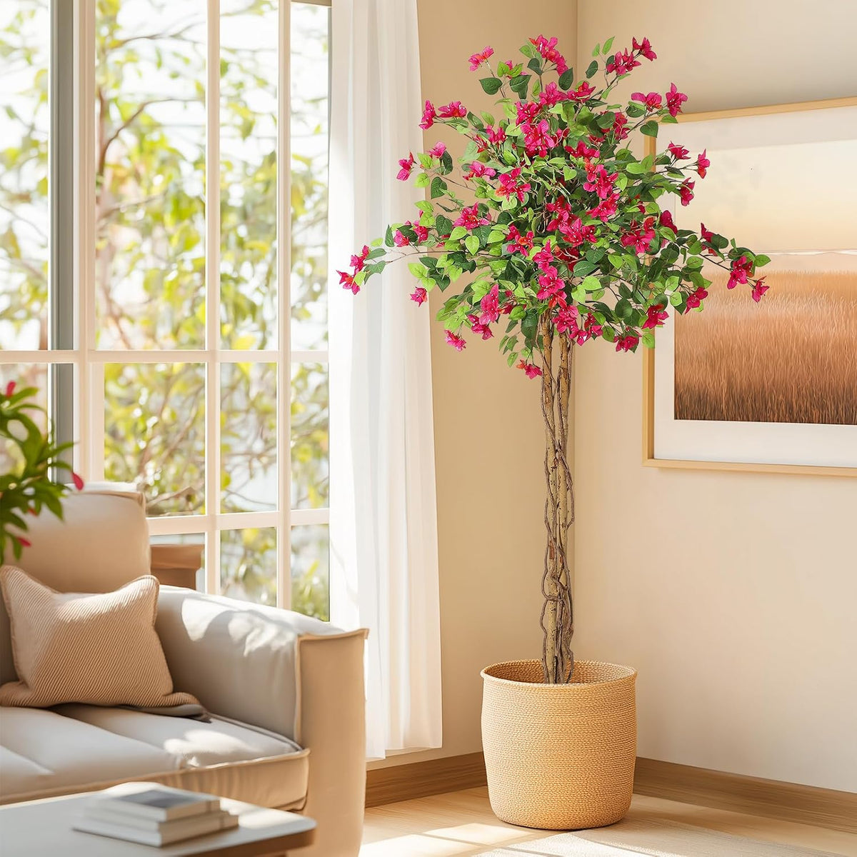 6 ft Artificial Bougainvillea Tree, Tall Potted Fake Tree Indoor, Faux Tree with Wood Trunk and Pink Flowers for Outdoor
