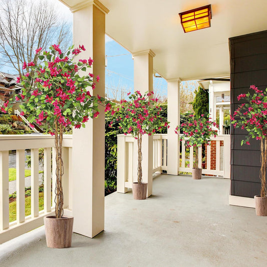 6 ft Artificial Bougainvillea Tree, Tall Potted Fake Tree Indoor, Faux Tree with Wood Trunk and Pink Flowers for Outdoor