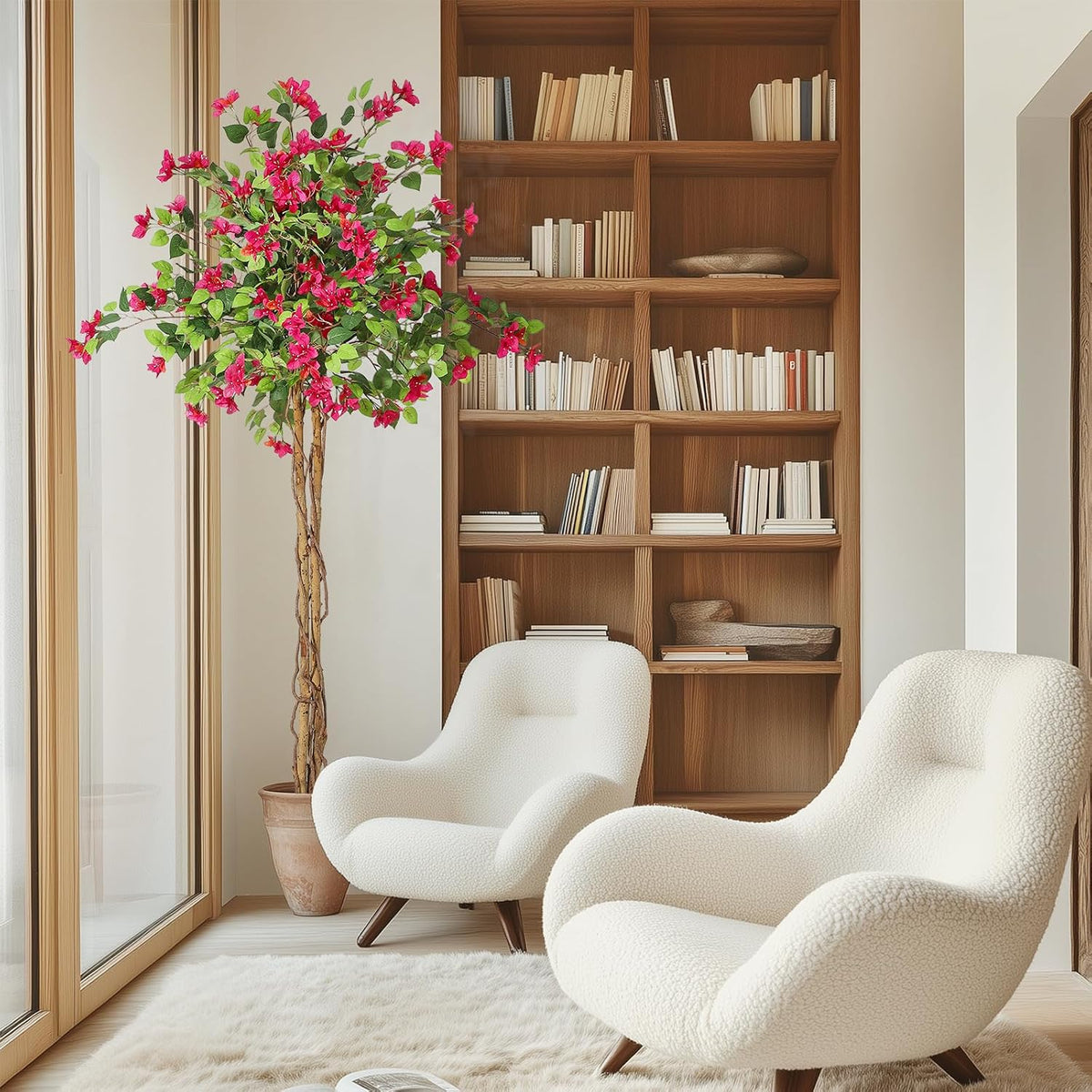 6 ft Artificial Bougainvillea Tree, Tall Potted Fake Tree Indoor, Faux Tree with Wood Trunk and Pink Flowers for Outdoor