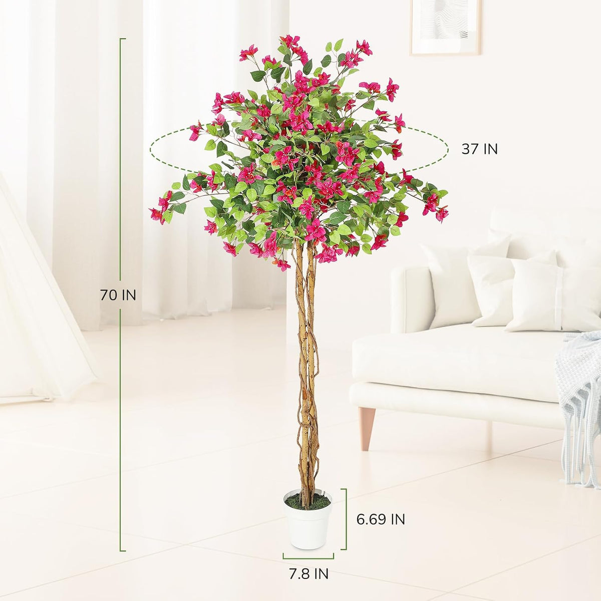 6 ft Artificial Bougainvillea Tree, Tall Potted Fake Tree Indoor, Faux Tree with Wood Trunk and Pink Flowers for Outdoor