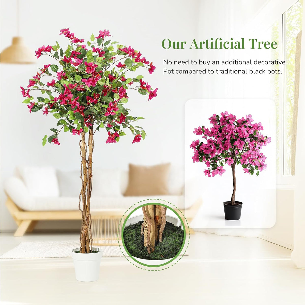 6 ft Artificial Bougainvillea Tree, Tall Potted Fake Tree Indoor, Faux Tree with Wood Trunk and Pink Flowers for Outdoor