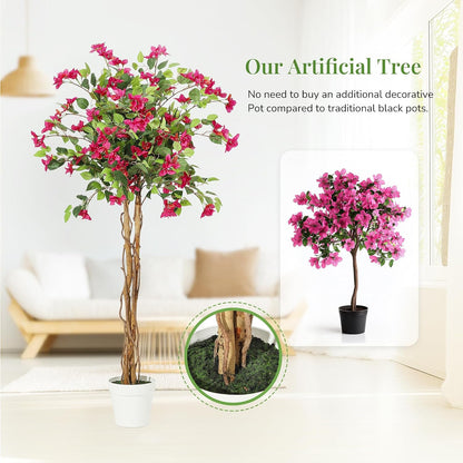 6 ft Artificial Bougainvillea Tree, Tall Potted Fake Tree Indoor, Faux Tree with Wood Trunk and Pink Flowers for Outdoor