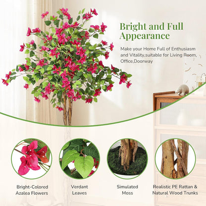 6 ft Artificial Bougainvillea Tree, Tall Potted Fake Tree Indoor, Faux Tree with Wood Trunk and Pink Flowers for Outdoor