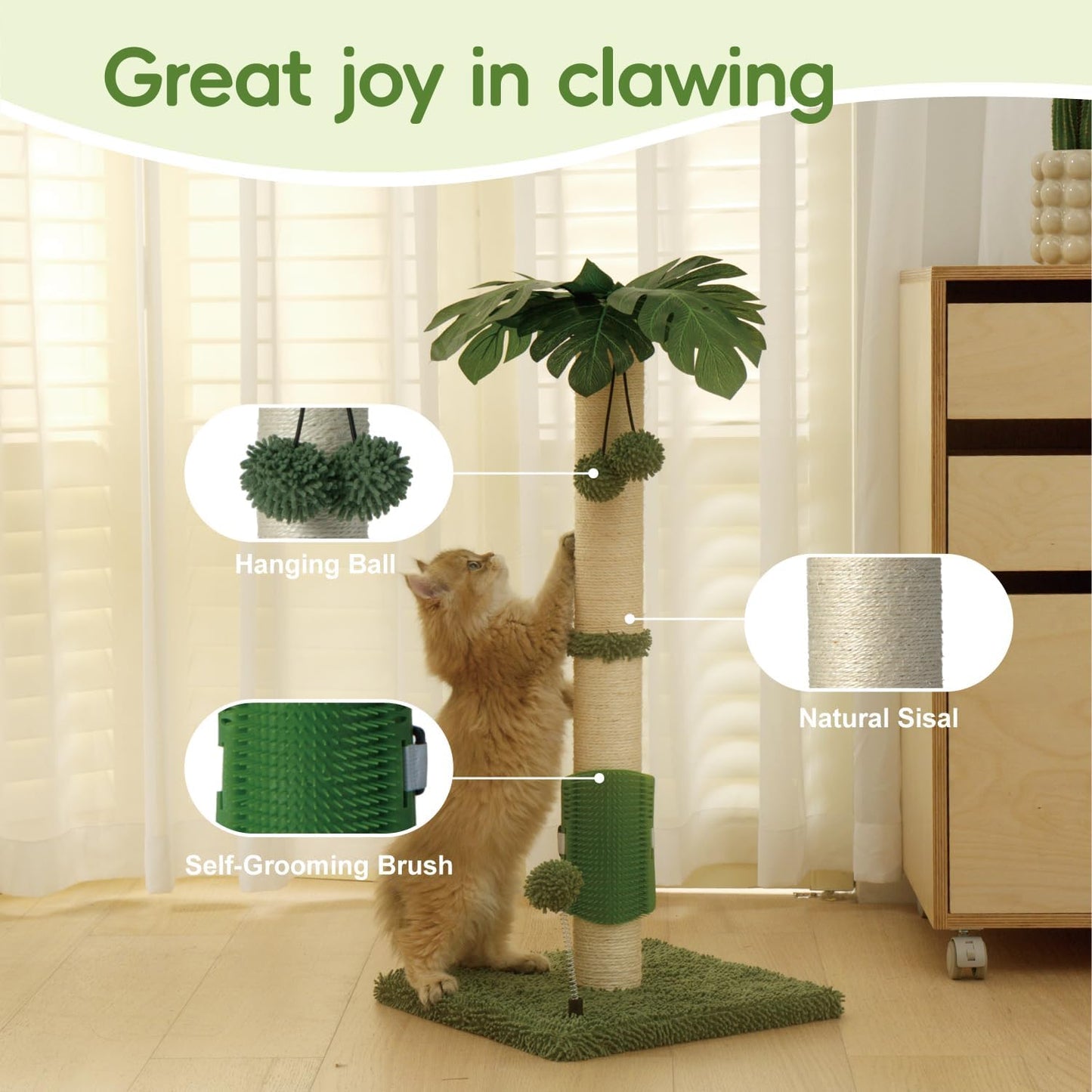 Cat Scartching Post，30-inch Cute Scartching Posts for Indoor Cats and Kittens,Natural Sisal Rope and Hanging Ball Toy, Self-Grooming Brush,Green