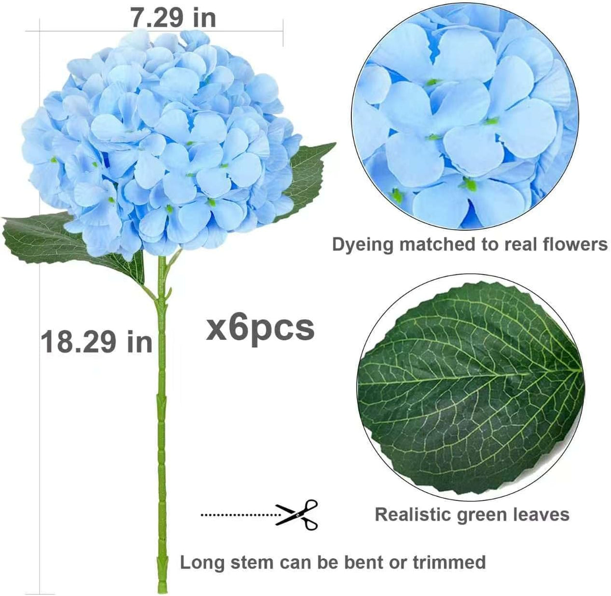 6PCS Blue Hydrangea Artificial Flowers, Bulk Silk Fake Flower with Stems, Faux Hydrangeas Bouquets for Home Décor, Wedding, Party, and Office Table Centerpieces.